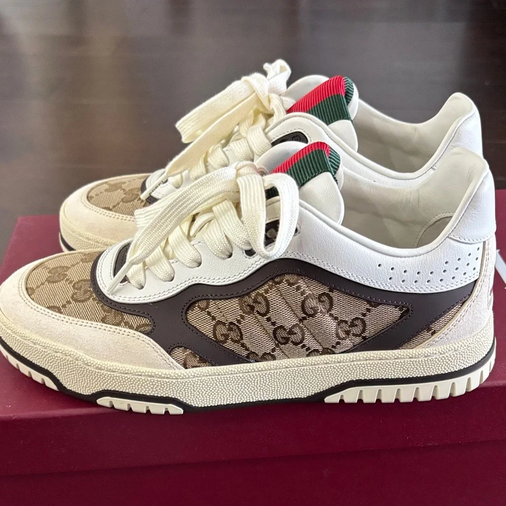 Gucci white and Brown Logo-Print Sneakers with Red & Green Detail